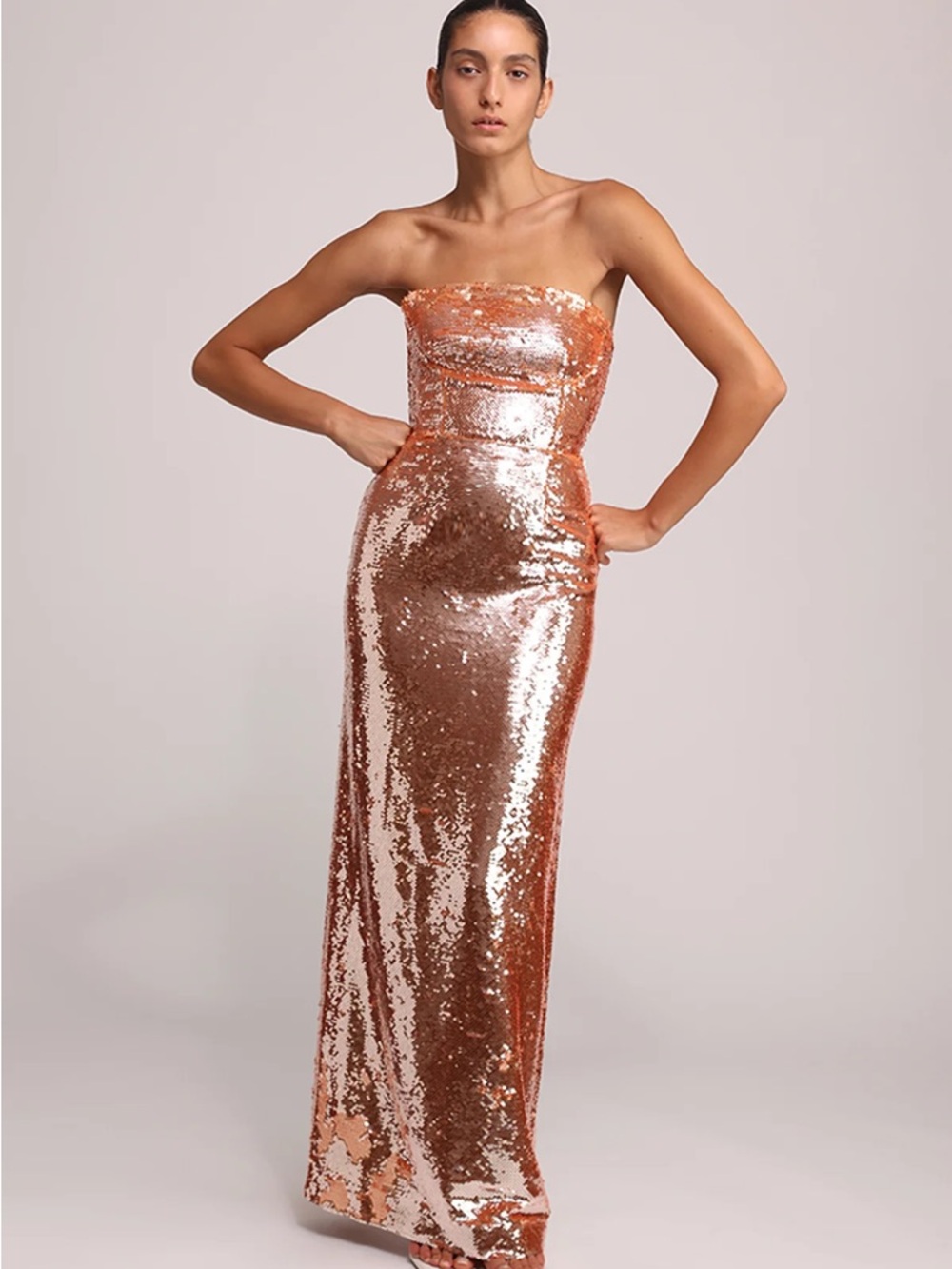Sabina Musayev Strapless Rose-Gold Sequin Gown